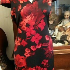 Connected Apparel Black and Red Floral Dress